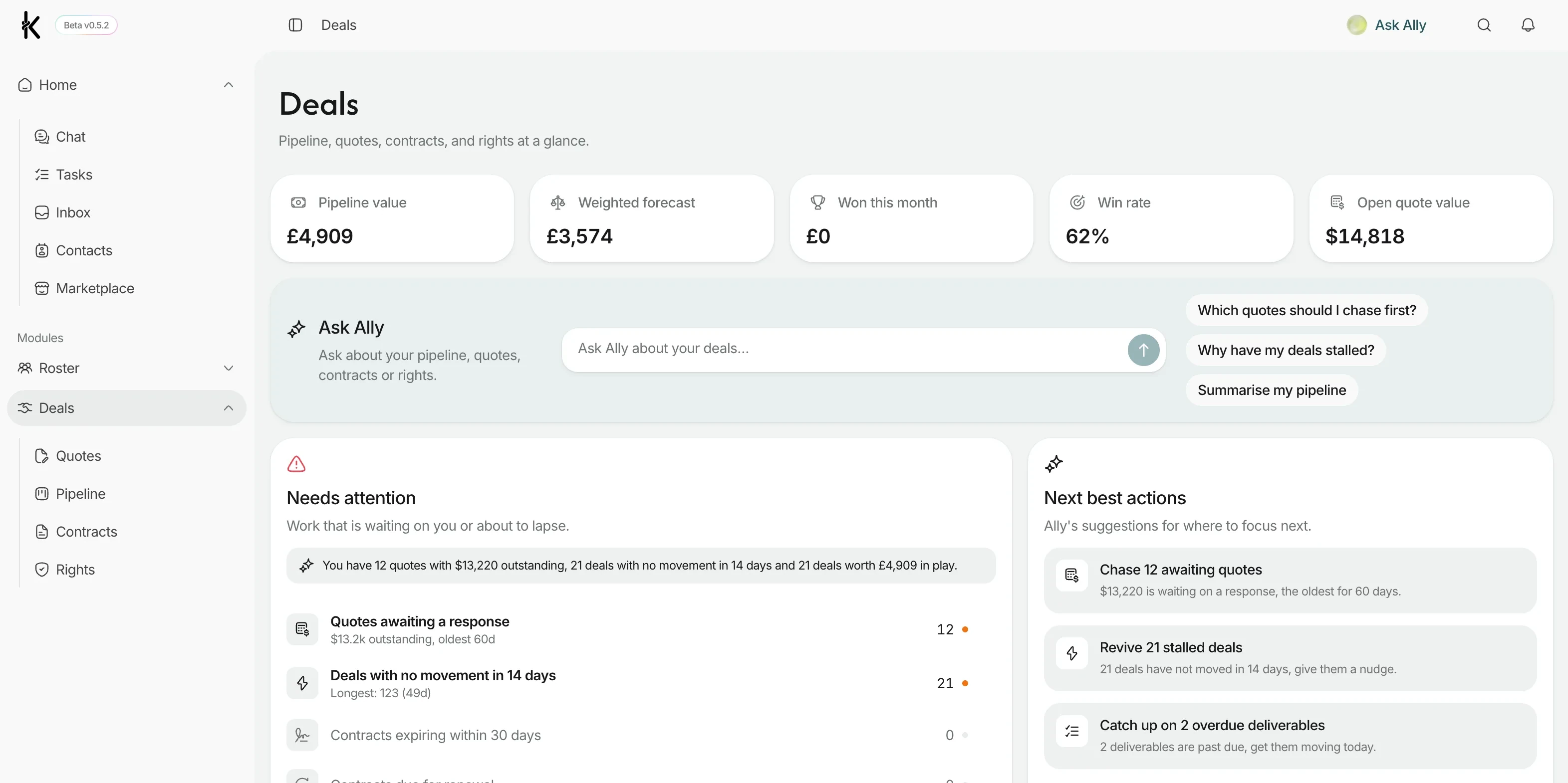 The Knoto Deals overview: pipeline value, weighted forecast, win rate, Ask Knoto AI and next best actions