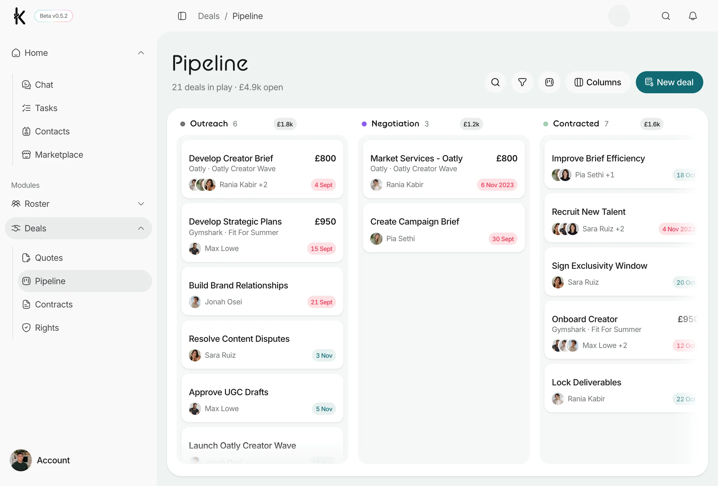 The Knoto deals pipeline board, with deal cards grouped by stage, each with its brand, creators and value