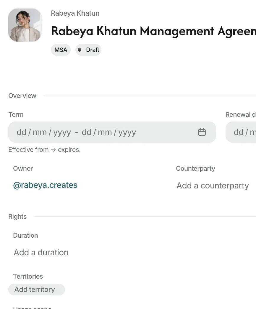 A Knoto contract record: agreement type, status, term, owner, counterparty and rights