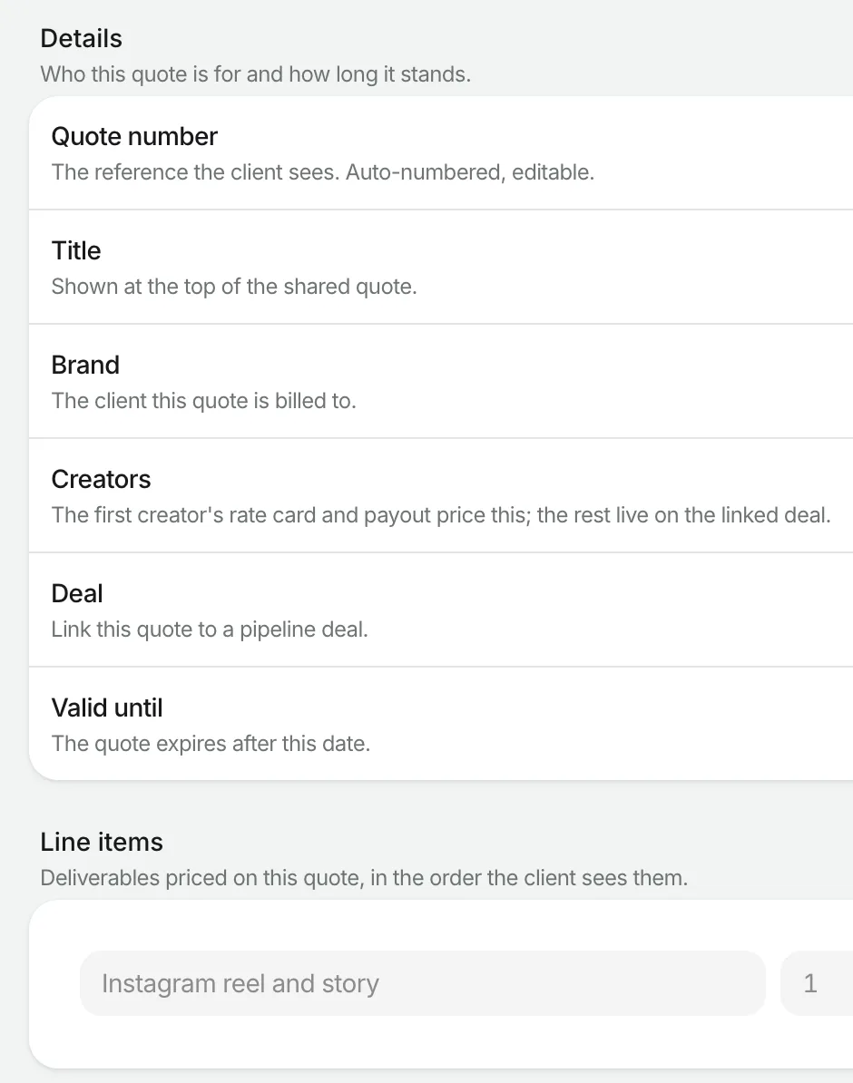 The Knoto quote builder: quote number, brand, creators, linked deal, validity date and line items