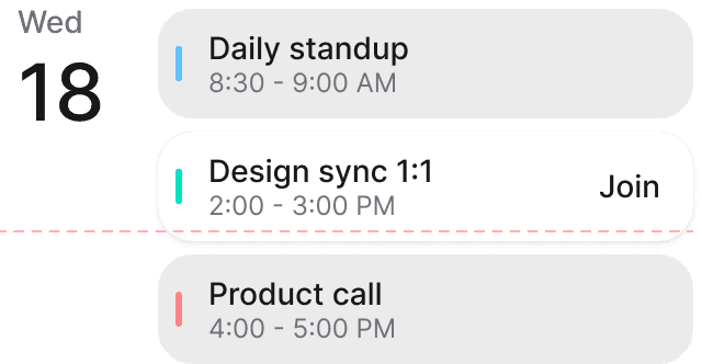 A day agenda inside Knoto with a standup, design sync and product call, each with a time