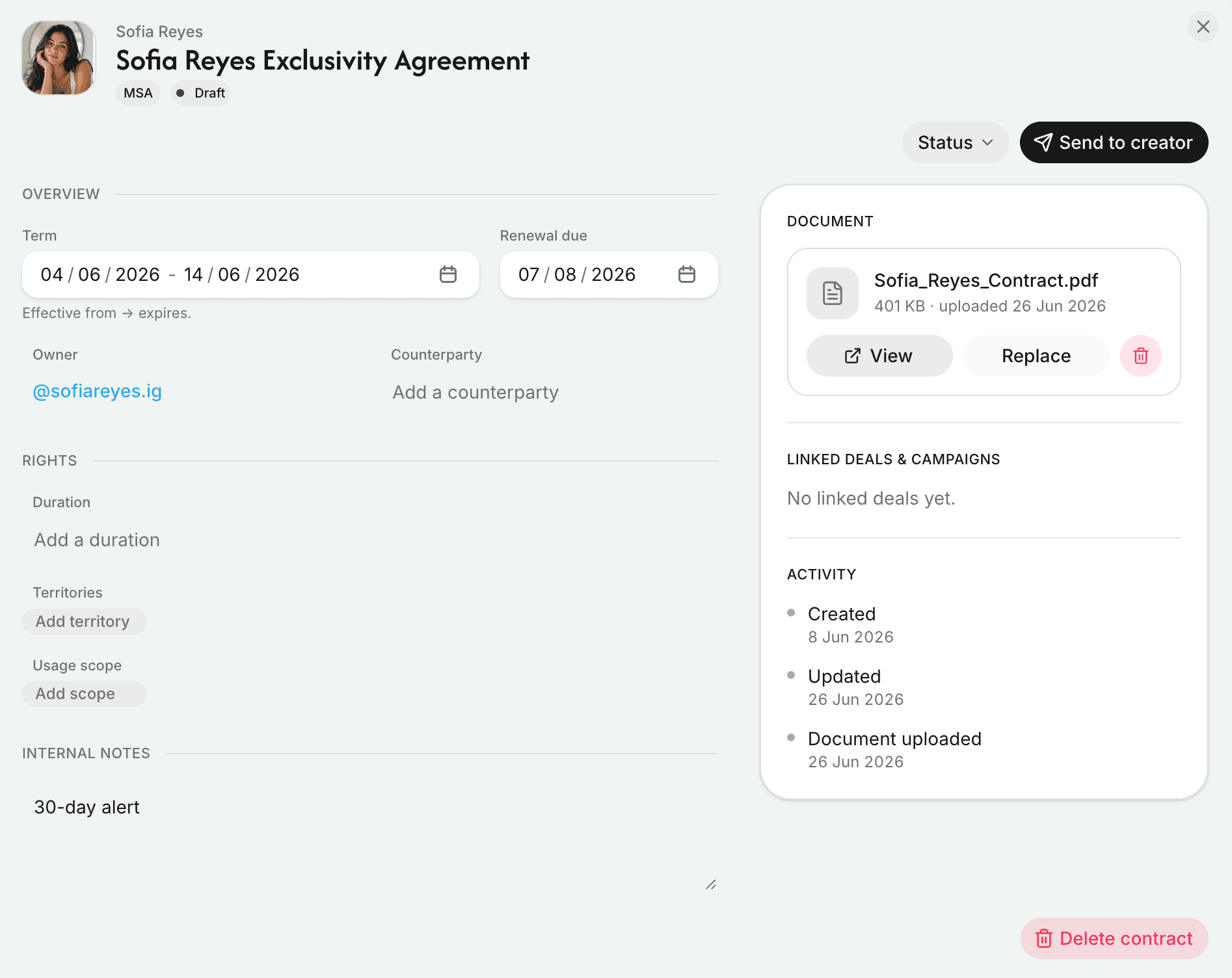 Knoto contract detail showing term, renewal date, rights, linked document and activity timeline