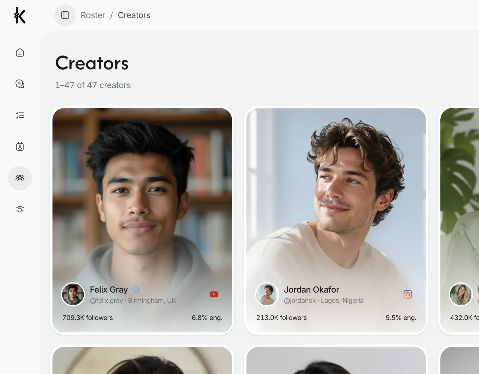 The Knoto Creators grid with creator cards showing photo, handle, location, follower count and engagement rate