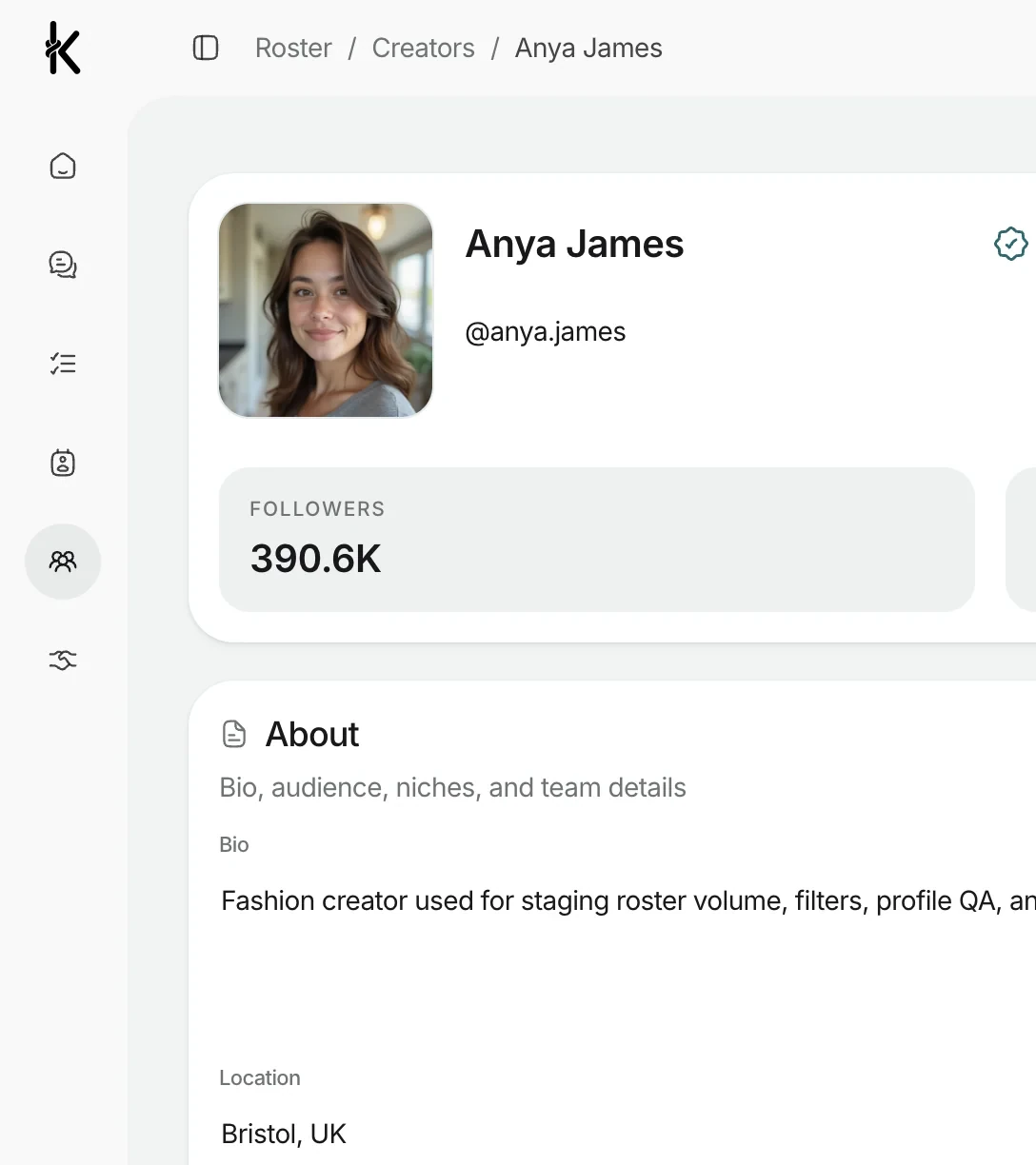 A Knoto creator profile with avatar, name, handle, follower count and the About panel