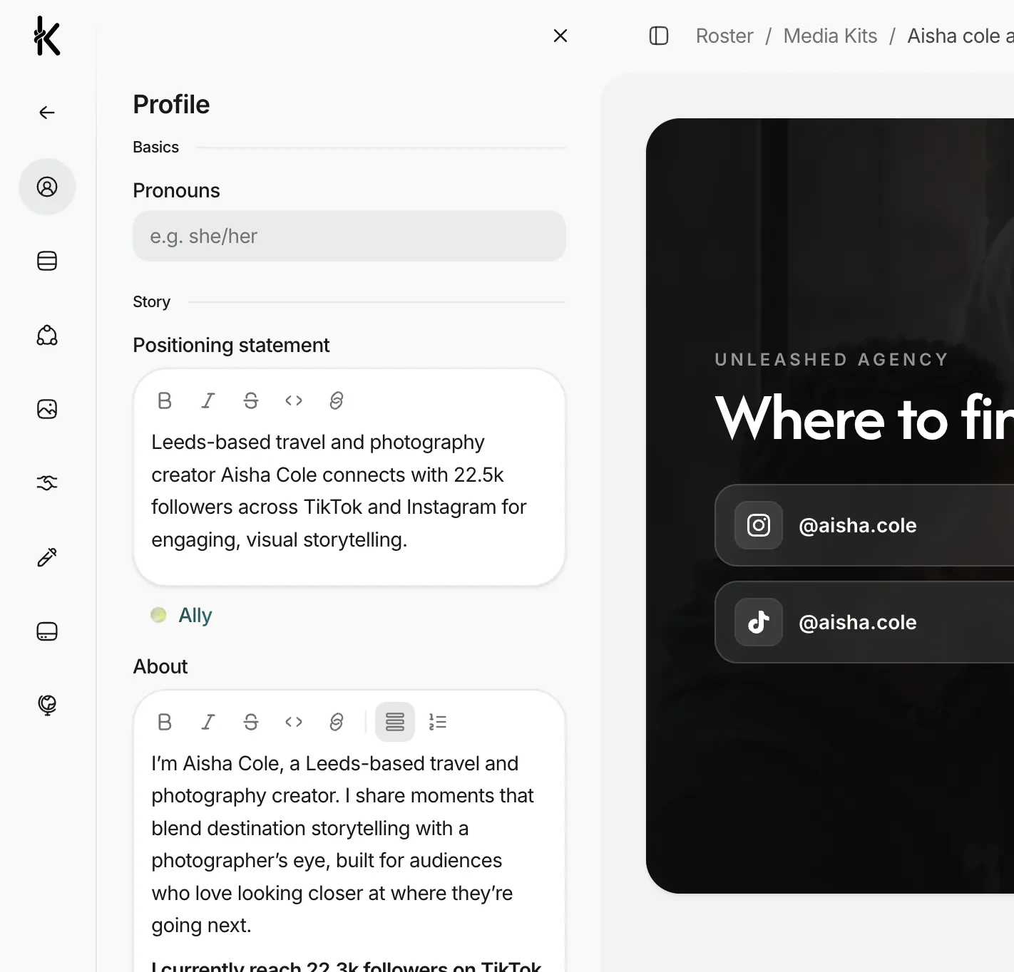 A Knoto creator kit being edited, showing pronouns, an AI-drafted positioning statement and about copy beside the live public page