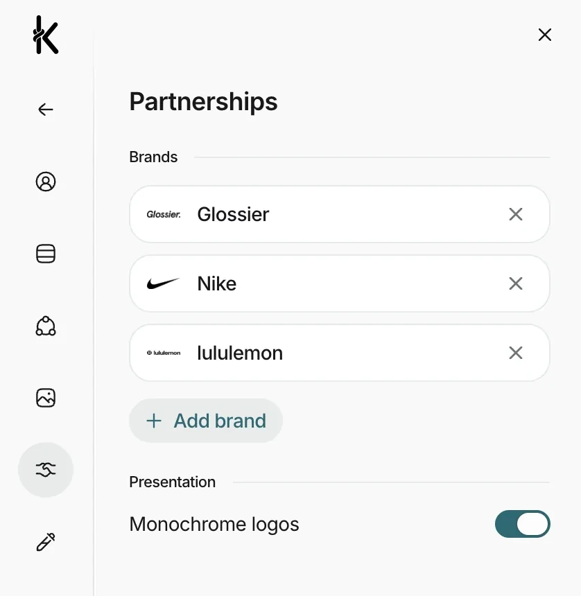 The partnerships panel of a Knoto media kit, showing Glossier, Nike and lululemon added as past brands with a monochrome logo toggle