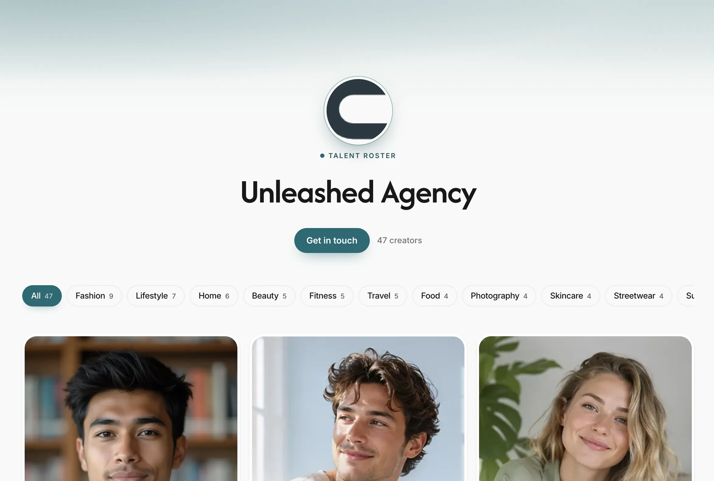 A published Knoto agency roster page, showing the agency logo and name, a get-in-touch button, a creator count, niche filters and the creator grid