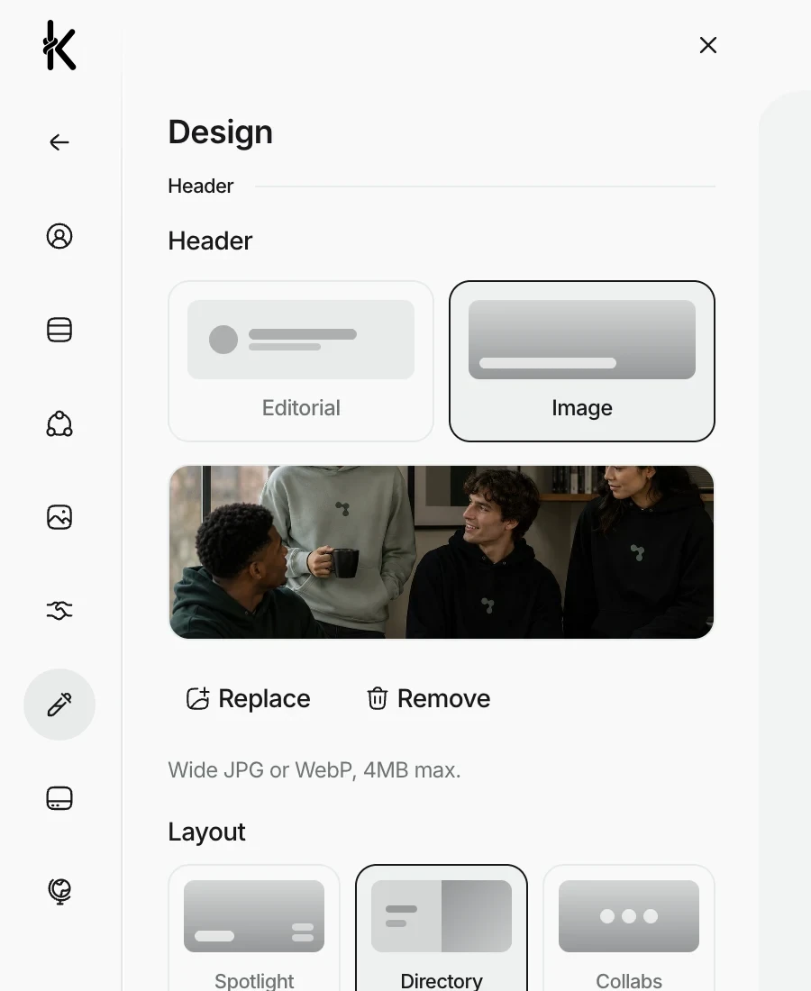 The Knoto media kit designer, choosing a header style and layout for a creator's press kit