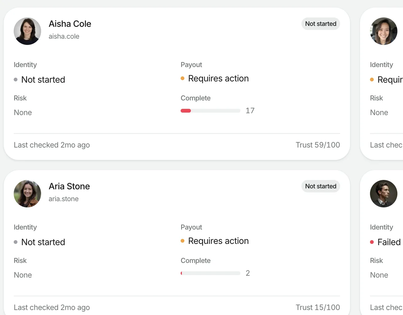 Knoto verification cards across a roster, showing identity and payout state, risk signals, completeness and a trust score on every creator