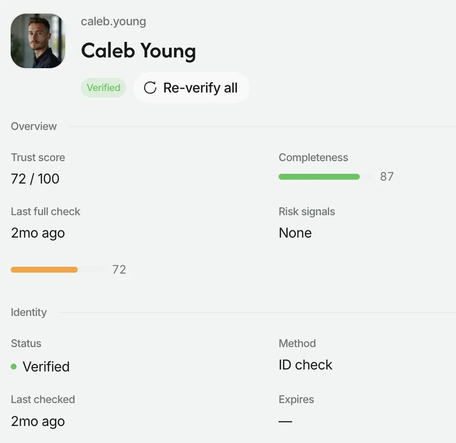 A creator's Knoto verification panel, showing a trust score out of 100, completeness, last full check, risk signals and identity status